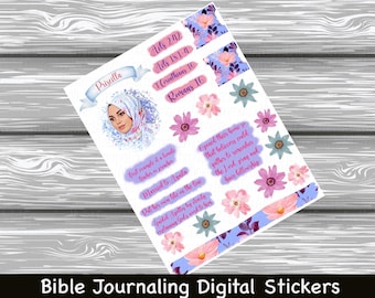 May include: Digital stickers for Bible journaling with floral designs, a woman wearing a headscarf, and Bible verses including Acts 2:42, Acts 18:1-4, 1 Corinthians 10, and Romans 16.