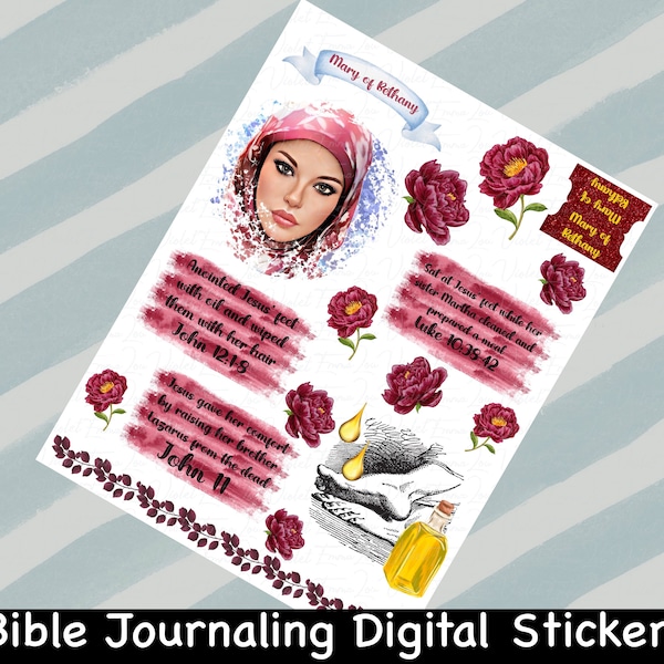 Mary of Bethany Women of the Bible series, printable Bible Stickers, Journaling Supplies, instant download