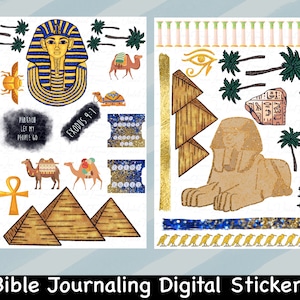 May include: Digital stickers featuring Egyptian themed illustrations, including a pharaoh, pyramids, scarabs, palm trees, and the Eye of Horus. The text "Let my people go" and "Exodus 9:1" are also included.