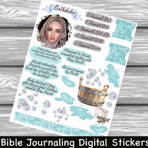 May include: Digital stickers for Bible journaling with illustrations of a woman in a headscarf, a wooden bucket, water, and bubbles. The stickers include Bible verses from 2 Samuel 11-12.