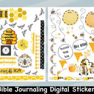 Puede incluir: Pegatinas digitales para el diario de la Biblia con un tema de abejas. Las pegatinas presentan panales, abejas, flores y citas inspiradoras como "Las palabras amables son como la miel" y "Endulza tu alma".