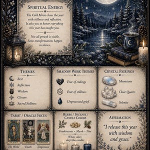 Può includere: Un poster decorativo a tema celeste, con una luna piena su un paesaggio invernale. Il poster include testo sull'energia spirituale, i temi, le carte dei tarocchi e le affermazioni. Ha uno schema di colori blu scuro e bianco.