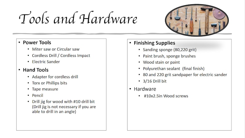 May include: A list of tools and hardware needed for woodworking projects. The list includes power tools like a miter saw, cordless drill, and electric sander. Hand tools include an adapter for a cordless drill, Torx and Phillips bits, a tape measure, a pencil, and a drill jig. Finishing supplies include sanding sponges, paint brushes, wood stain, polyurethane sealant, sandpaper, and a drill bit. Hardware includes wood screws.