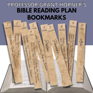 May include: A collection of ten vintage-style Bible reading plan bookmarks. Each bookmark is tan and features a number, a category, and a list of related books. The text "Professor Grant Horner's Bible Reading Plan Bookmarks" is at the top.