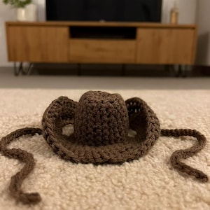 Puede incluir: Un pequeño sombrero de vaquero marrón tejido a ganchillo, con una corona redondeada y un ala ancha. El sombrero tiene dos largas cintas trenzadas a cada lado. El sombrero está hecho de hilo texturizado y está sobre una alfombra clara.