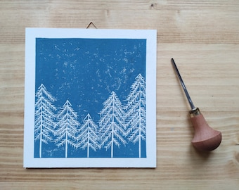 Lino print - hand printed - Silent Night