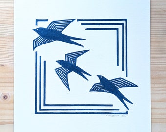 Lino print hand printed 3 swallows