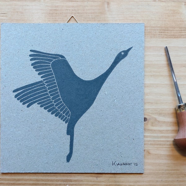 Lino print on grass cardboard - hand printed - crane