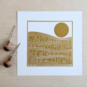 Linoldruck handgedruckt - Typographie Wohnt ein Lied in allen Dingen - Meer - Sonne - Notenlinien