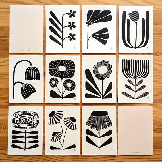 Postkarten-Set: 10 schwarze Linoldruck-Blumen