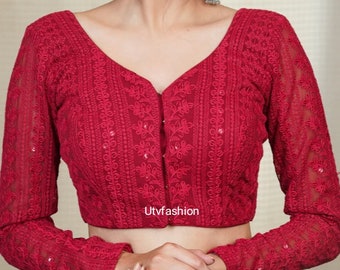 Red Chikankari EMBROIDERED BLOUSE, Front Open, Full Sleeves, Woman Choli Blouse, Party Wear Blouse, Saree Choli Blouse || Free Shipping ||