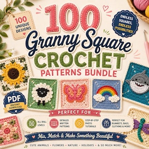 Häkelanleitung für 100 Oma-Quadrate, Ultimatives Blumenmotiv-Paket, Nur digitaler Download: Deckenanleitung, Niedliches afghanisches Block-Set