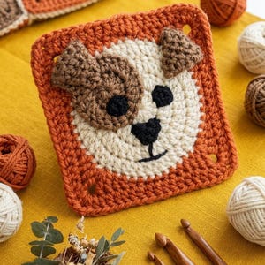 Puede incluir: Un cuadrado de ganchillo hecho a mano con la cara de un perro en tonos naranja, marrón y crema. El perro tiene ojos y nariz negros. Varias madejas de hilo y ganchillos están dispuestas alrededor del cuadrado sobre una superficie amarilla.