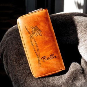 Birth Flower Leather Wallet, Wallet For Women, Leather Purse with Zipper, Women's Wallet Leather, Personalized Birthday Gift, Gift for Mom
