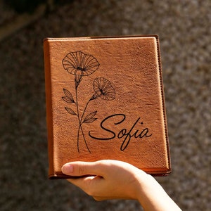 Portfolio geboortebloemen, bloem geboortemaand, gepersonaliseerd notitieboekje, verjaardagscadeau, sentimenteel cadeau, aangepaste leren portfolio, geboortebloem