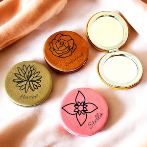Geburtsmonat Blumen Taschenspiegel, personalisierte Taschenspiegel, Geburtsmonat Spiegel, Leder Taschenspiegel, Geschenk für Schwester, Geburtstagsgeschenk