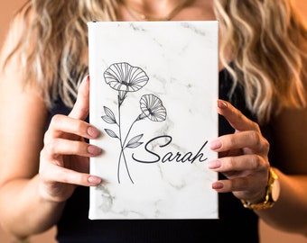 Birth Flower Journal, Birth Month Flower Gift, Leather Journal, Custom Name Journal, Birthday Gift Notebook, Personalized Journal