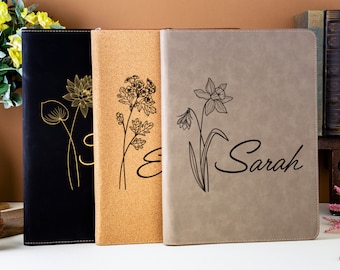 Personalized Leather Portfolio Gift, Birth Flower Gift, Leather Portfolio, Gratitude Gift, Bible Journal, Custom Portfolio, Birthday Gift