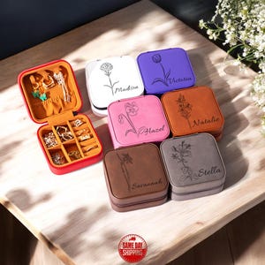 Leder Schmuckschatulle, Geburtsblumen Schmuckschatulle, personalisierte Schmuckaufbewahrungsbox mit Gravur, individuelles Geschenk für sie, Geburtsblumenschmuckschatulle
