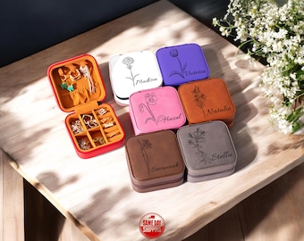 Leather Jewelry Box, Birth Flower Jewelry Case, Personalized Engraved Jewelry Storage Box, Custom Gift for Her, Birth Flower Jewelry Box