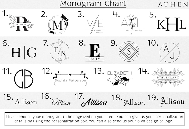 May include: A chart with 19 different monogram designs. Each design features a combination of letters and decorative elements, such as flowers, leaves, and hearts. The chart is labeled "Monogram Chart" at the top.