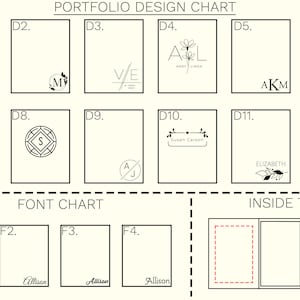 May include: A chart showing different design options for a portfolio. The chart is divided into two sections: Portfolio Design Chart and Font Chart. The Portfolio Design Chart shows 12 different designs, each with a unique monogram or logo. The Font Chart shows 4 different font styles for the name "Allison".