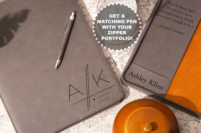 A personalized leather portfolio with a pen