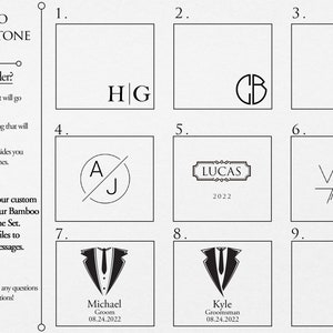 May include: A graphic showing nine different engraving options for a bamboo whiskey stone set. The options include initials, names, dates, and a tuxedo graphic. The text "BAMBOO WHISKEY STONE SET" is at the top of the graphic.