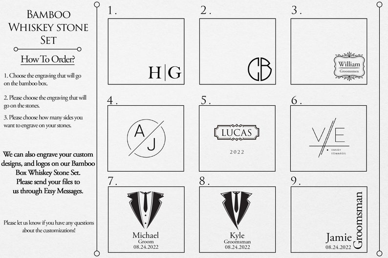 May include: A graphic showing nine different engraving options for a bamboo whiskey stone set. The options include initials, names, dates, and a tuxedo graphic. The text "BAMBOO WHISKEY STONE SET" is at the top of the graphic.