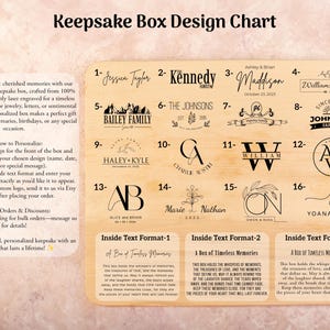 May include: A chart with 16 different designs for personalized wooden keepsake boxes. Each design features a unique combination of text, graphics, and fonts. The chart also includes three different text formats for the inside of the boxes, which can be customized with a personal message.