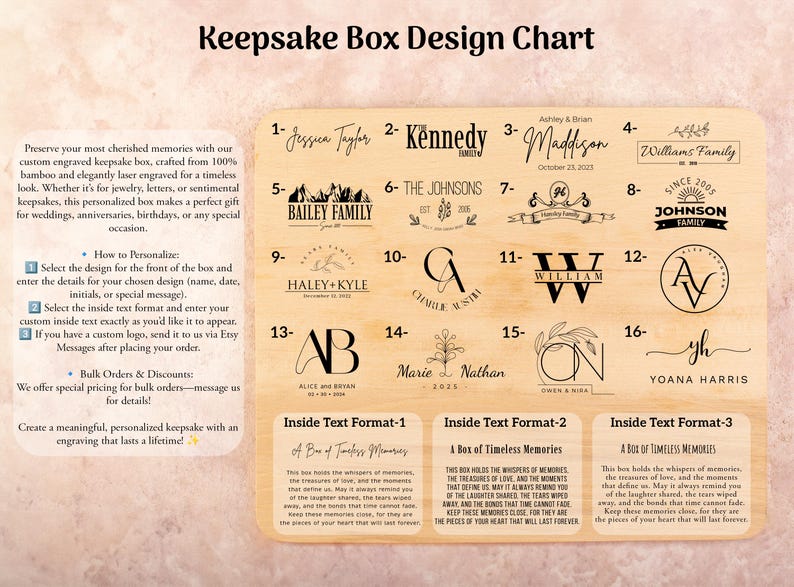 May include: A chart with 16 different designs for personalized wooden keepsake boxes. Each design features a unique combination of text, graphics, and fonts. The chart also includes three different text formats for the inside of the boxes, which can be customized with a personal message.