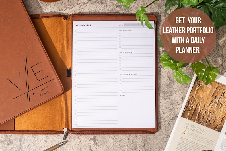 Personalized Planner, Refillable Leather Planner, Personalized Padfolio With Planner, Daily Planner, Custom Planner, To Do List Productivity image 1