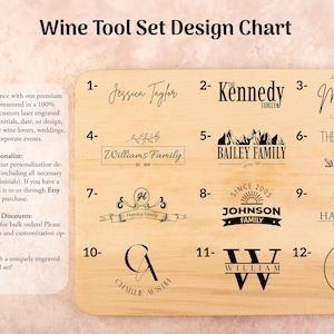 May include: A design chart for personalised wine tool sets. The chart shows 12 different designs, each with a number and a name. The designs include names, initials, dates, and family crests. The chart is made of wood and has a light brown colour.