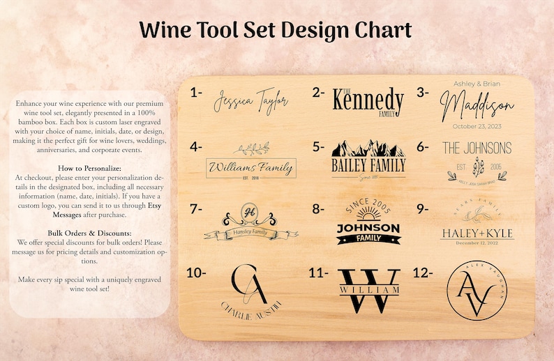 May include: A design chart for personalised wine tool sets. The chart shows 12 different designs, each with a number and a name. The designs include names, initials, dates, and family crests. The chart is made of wood and has a light brown colour.