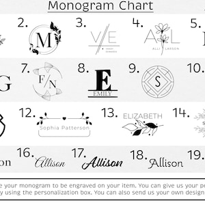 May include: Monogram chart featuring 19 different monogram designs in black. Designs include initials, names, and decorative elements like leaves and floral accents. The chart is for personalized engraving.