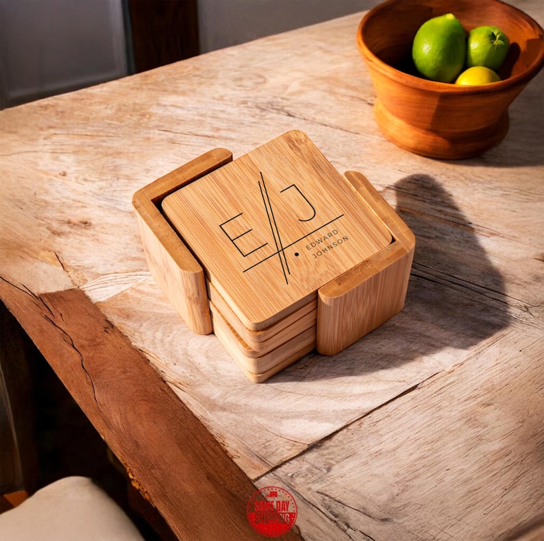 Personalized Wooden Coaster Set, Custom Coaster, Engraved Bamboo Coasters, Coffee Coasters, Housewarming Gift, Drink Coasters, Kitchen Gift