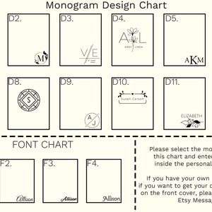 May include: A chart with 12 different monogram designs and 4 font options for personalization. The chart includes a variety of styles, including initials, names, and floral elements. The text on the chart reads "Monogram Design Chart", "FONT CHART", "Please select the monogram from this chart and enter the details inside the personalization box.", "If you have your own logo/design or if you want to get your drawing engraved on the front cover, please send through Etsy Messages."