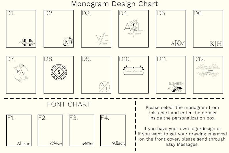 May include: A chart with 12 different monogram designs and 4 font options for personalization. The chart includes a variety of styles, including initials, names, and floral elements. The text on the chart reads "Monogram Design Chart", "FONT CHART", "Please select the monogram from this chart and enter the details inside the personalization box.", "If you have your own logo/design or if you want to get your drawing engraved on the front cover, please send through Etsy Messages."