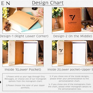 May include: Design chart showing notebook designs. The notebooks are in various colors, including tan and teal. The notebooks have a company logo and text. The chart also includes instructions on how to order.