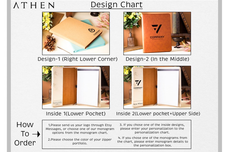 May include: Design chart showing notebook designs. The notebooks are in various colors, including tan and teal. The notebooks have a company logo and text. The chart also includes instructions on how to order.
