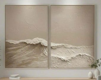 Set of 2 Large Beige Ocean Waves Painting On Canvas,2 Pieces Ocean Waves Texture 3D Art,Wabi Sabi Wall Art,Minimalist Painting,Home Decor