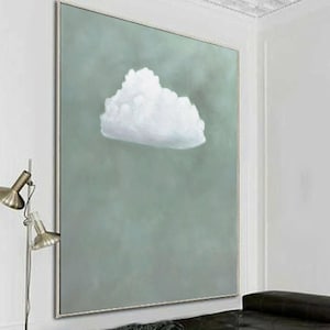 Arte murale con nuvole verde salvia, dipinto a olio originale su tela con paesaggio di nuvole, dipinto di paesaggio naturale, grande arte murale, arredamento per soggiorno