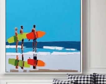 Surfing Oil Painting Summer Beach Wall Art Colorful Surfboard Ocean Painting Coastal Decor Surfer Figures Artwork Handmade Canvas Gift