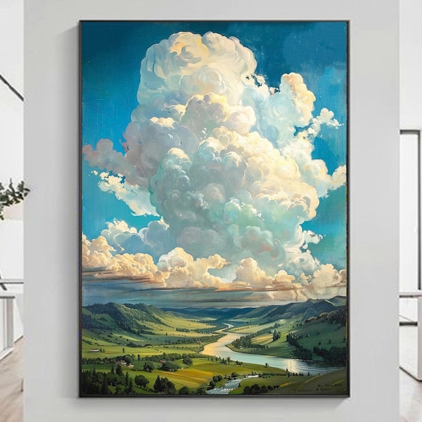 Sky and Cloud Oil Painting,Painting On Canvas,Realistic Sightseeing Oil Painting,Large Wall Art Blue Sky Oil Painting,Living Room Decor