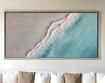 Sea canvas oil painting large 3D textured coastal wall art wave acrylic painting framed blue sky beach wall art abstract sea wall art