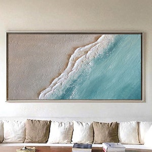 Sea canvas oil painting large 3D textured coastal wall art wave acrylic painting framed blue sky beach wall art abstract sea wall art