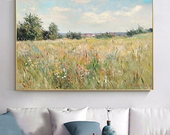 Oil Painting Wildflower Meadow – Original Landscape Artwork for Living Room Wall Decor