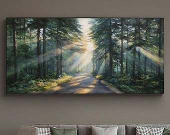 森の中の家 油絵 – 居心地の良い森の風景画、素朴なキャビンの
