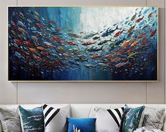 Large Original Fish Oil Painting On Canvas Fish Landscape Painting Canvas Wall Art Abstract Blue Sea Painting Boho Wall Art Decor Home Decor