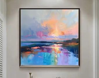 Abstract Sunset River Lake Oil Painting On Canvas,Pastel Blue Sky Sunshine Painting,Blur River Wall Art,Large Wall Art,Living Room Decor